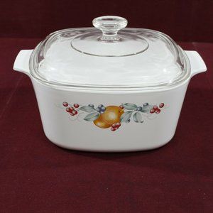 CORNING WARE 3 Liter White Casserole Dish Abundance Pattern w/Clear Pyrex Lid